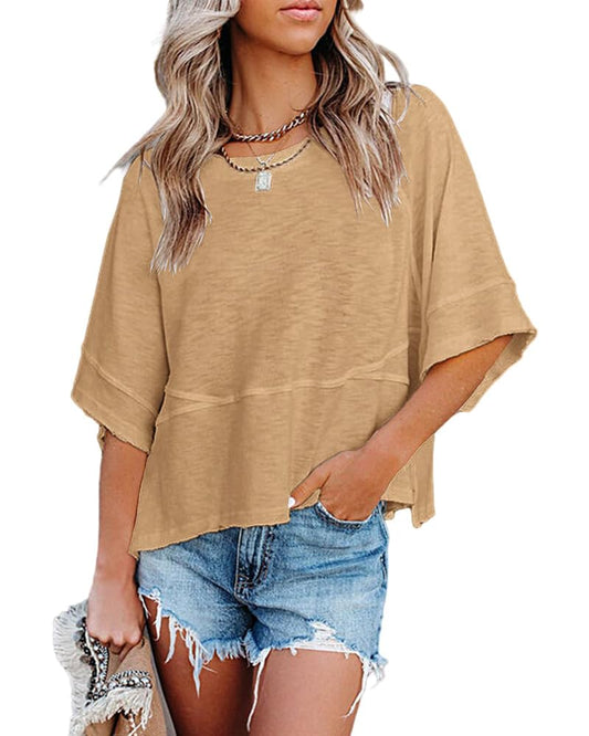 Sovelen Women's Summer Casual Crewneck Batwing Half Sleeve T-Shirts Loose Fit Basic Tee Tops Khaki