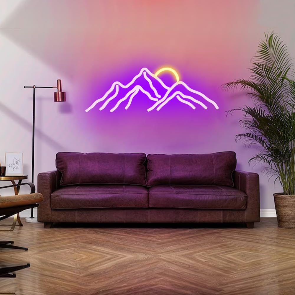 Mountain Sunset Neon Signs for Room Decor LED Neon Light Sign for Bedroom Wall Mountain Decor for Home Party Wedding Christmas Decorations USB Powered(Purple)
