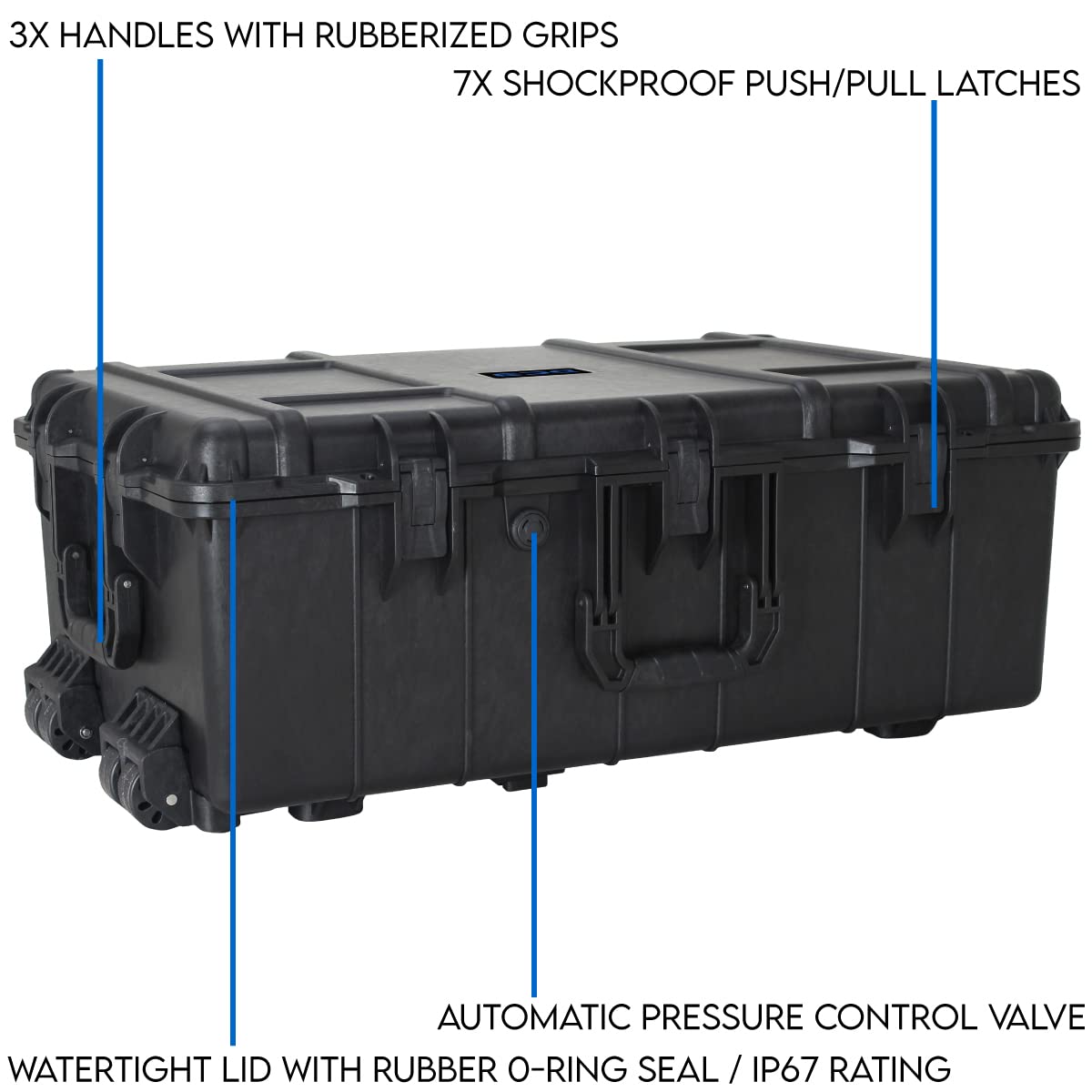 DCB Cases - Element 7975F | 32 x 21 x 12 Ext Dim | IP67 Waterproof | Pluck Foam Insert | Telescoping Handle | Rubberized Grips | Resin-Reinforced Injection Molded Plastic | 7 Latch Lid Close | Wheels