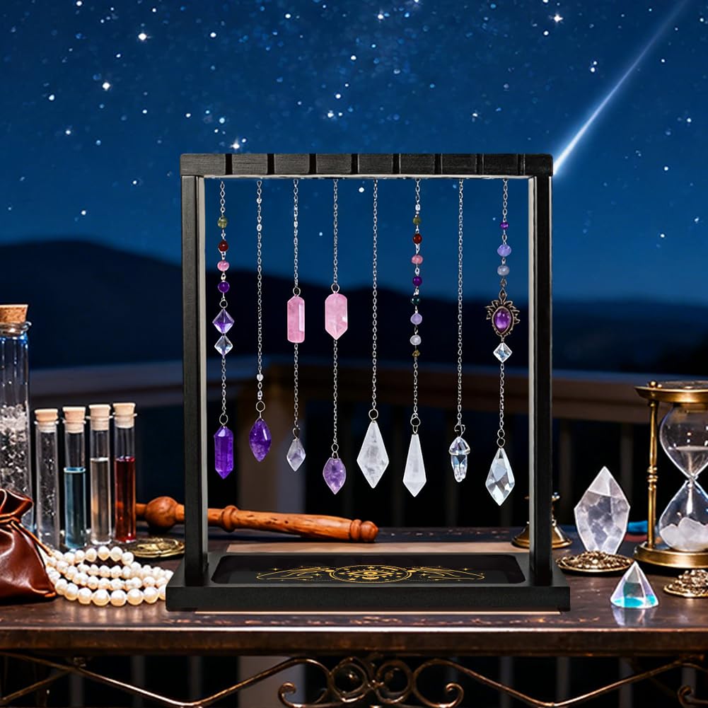 BEUNITONE Wooden Pendulum Crystal Display Holder, Witchcraft Supplies Organizer with Devil's Eye Pattern Tray, Pendulum Board Stand for Witchy Accessories, Wiccan Decor for Living Yoga Meditation Room