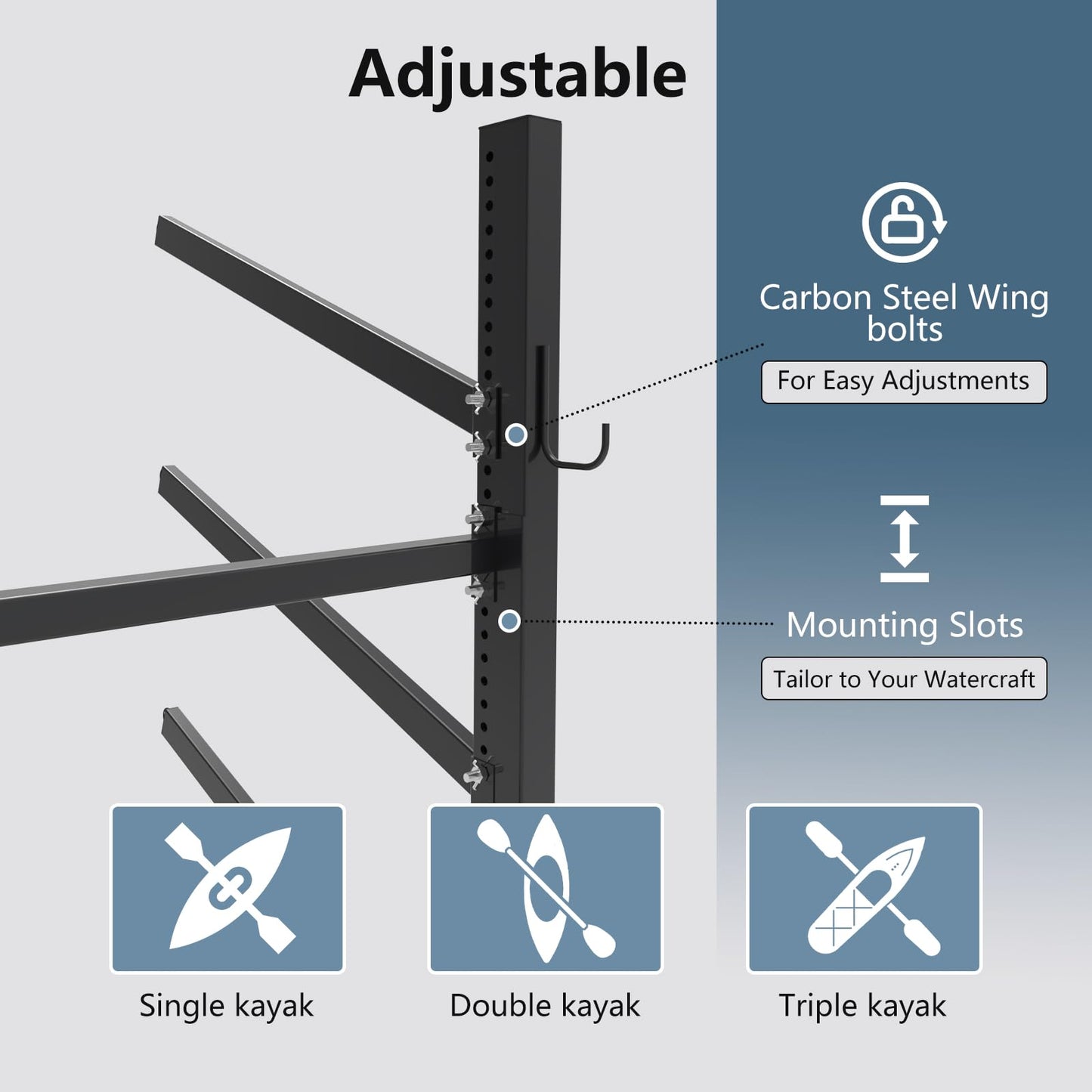 Freestanding Kayak Stand,One-Sided Kayak and Canoe Rack,Heavy Duty Adjustable Kayak Storage Rack,Sup Outdoor Storage Rack,Weatherproof Stand for Indoor, Garage, Shed, Dock Kayak Storage (3 Levels)