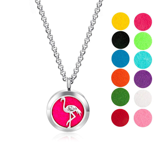 Wild Essentials Flamingo Essential Oil Diffuser Necklace, Stainless Steel Locket Pendant with 24 inch Chain, 12 Color Refill Pads, Customizable Color Changing Perfume Jewelry for Aromatherapy