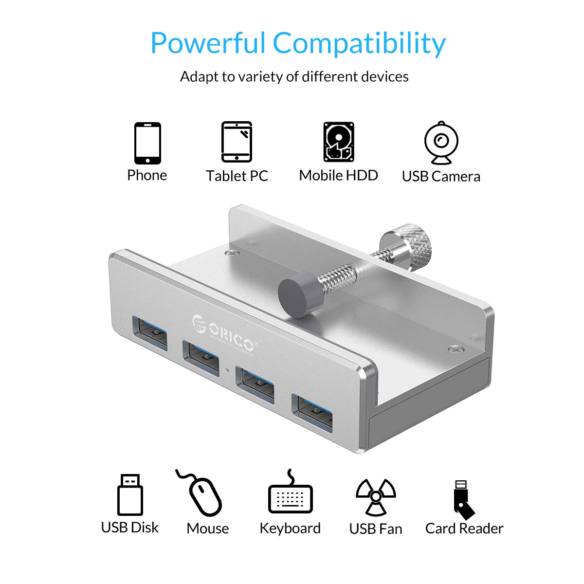 ORICO USB 3.0 Hub, USB Hub Clamp, Aluminum 4-Port USB Splitter with Extra Power Supply Port and 4.92 FT USB Data Cable, Desktop Powered USB Hub for Monitors/Desks-Black (Without Power Adapter)