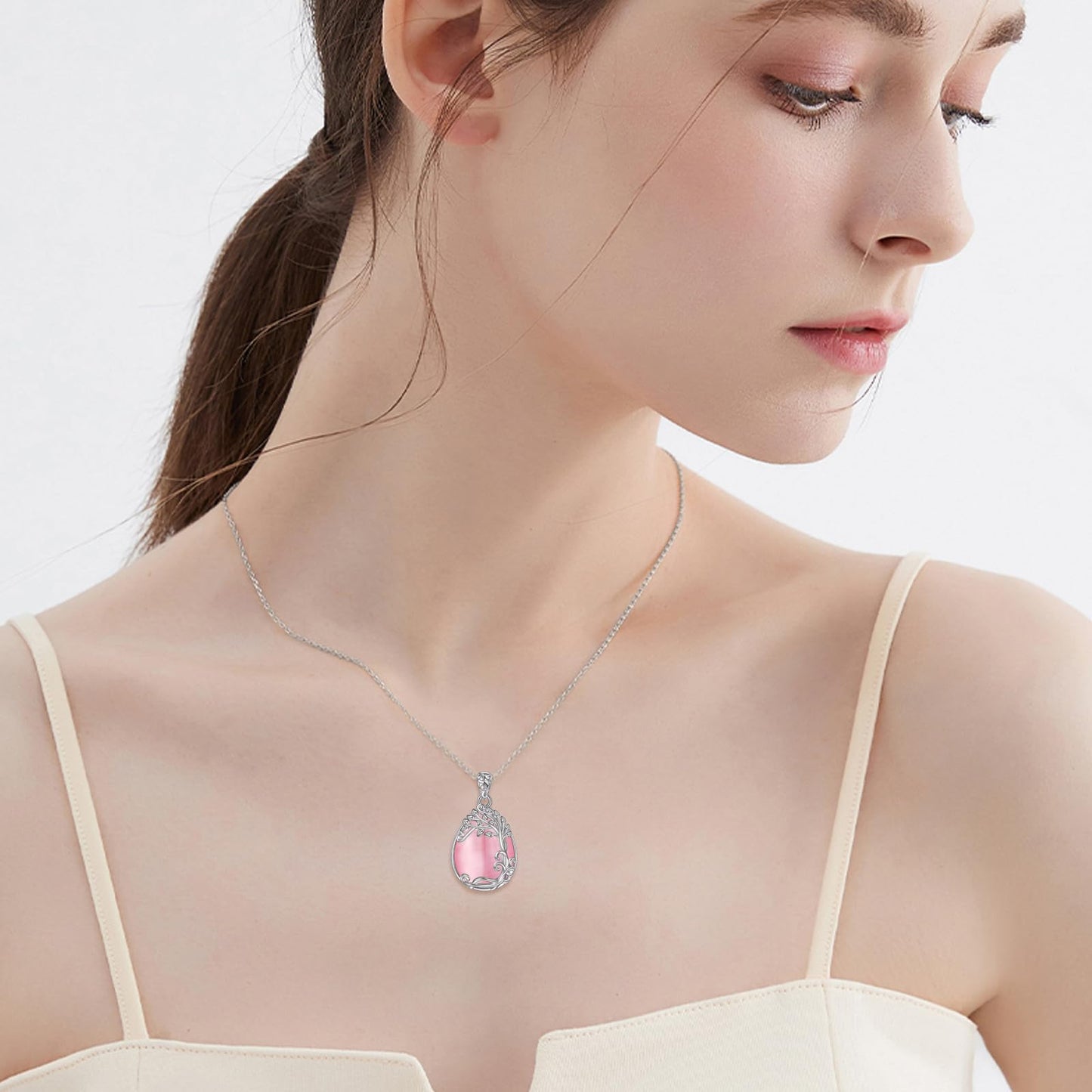 YAFEINI Tree of Life Necklace 925 Sterling Silver Pink Natural Stone Necklace Pendant Jewelry for Women (PP-Tree of Life Pink Opal Necklace)