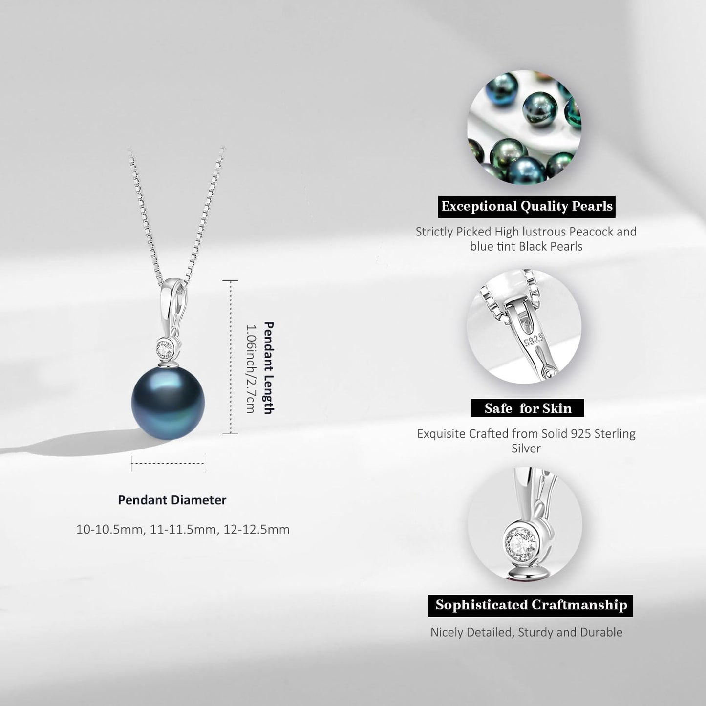 YAMI Black Tahitian Pearl Pendant Necklace, 12-13mm Saltwater Cultured Pearls, 925 Sterling Silver with 18+2IN Adjustable Box Chain Elegant Luxury Jewelry Gift for Women