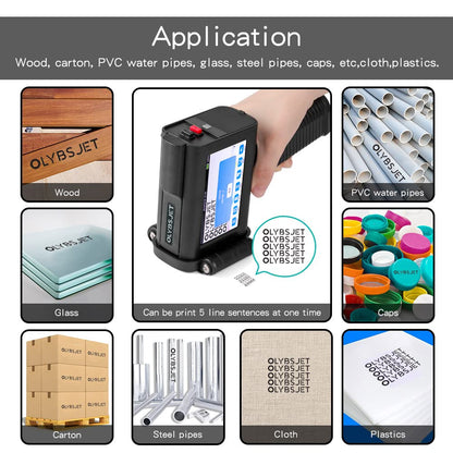 OLYBSJET Handheld Inkjet Printer HH6105B2 with bt-2580P Black & LED Touch Screen for Code Variable Data QR Logo Serial on Multi Surface,Expiration Date Printer (Support 17 Languages) (0.5inch/B2)