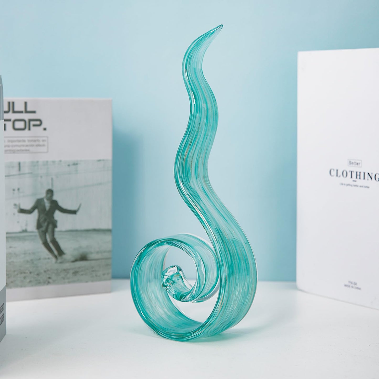 ORRFIDDY 11.4" Tall Hand Blown Glass Sculpture, Murano Style Art Glass Figurine, Modern Coastal Home Decor Accent for Shelf, Table, TV Stand, Living Room Decoration