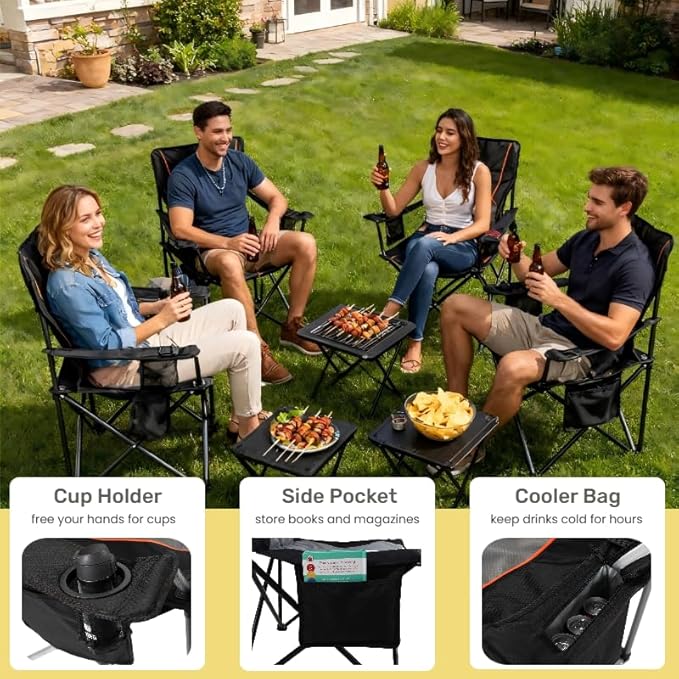 FAIR WIND Heavy Duty Camping Chair, Oversized Padded Folding Chair for Big and Tall (450lbs), Extra Wide Seat with Integrated Cooler & Storage Pocket, Adjustable Lumbar Support for Outdoor