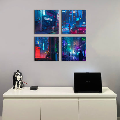 Japanese Anime Wall Art Cyberpunk Anime Posters for Bedroom Decor Tokyo Neon Night City Canvas Prints Gamer Wall Decor Modern Pop Gamer Posters for Boys Room Playroom Home Decorations 12x12 4Pcs