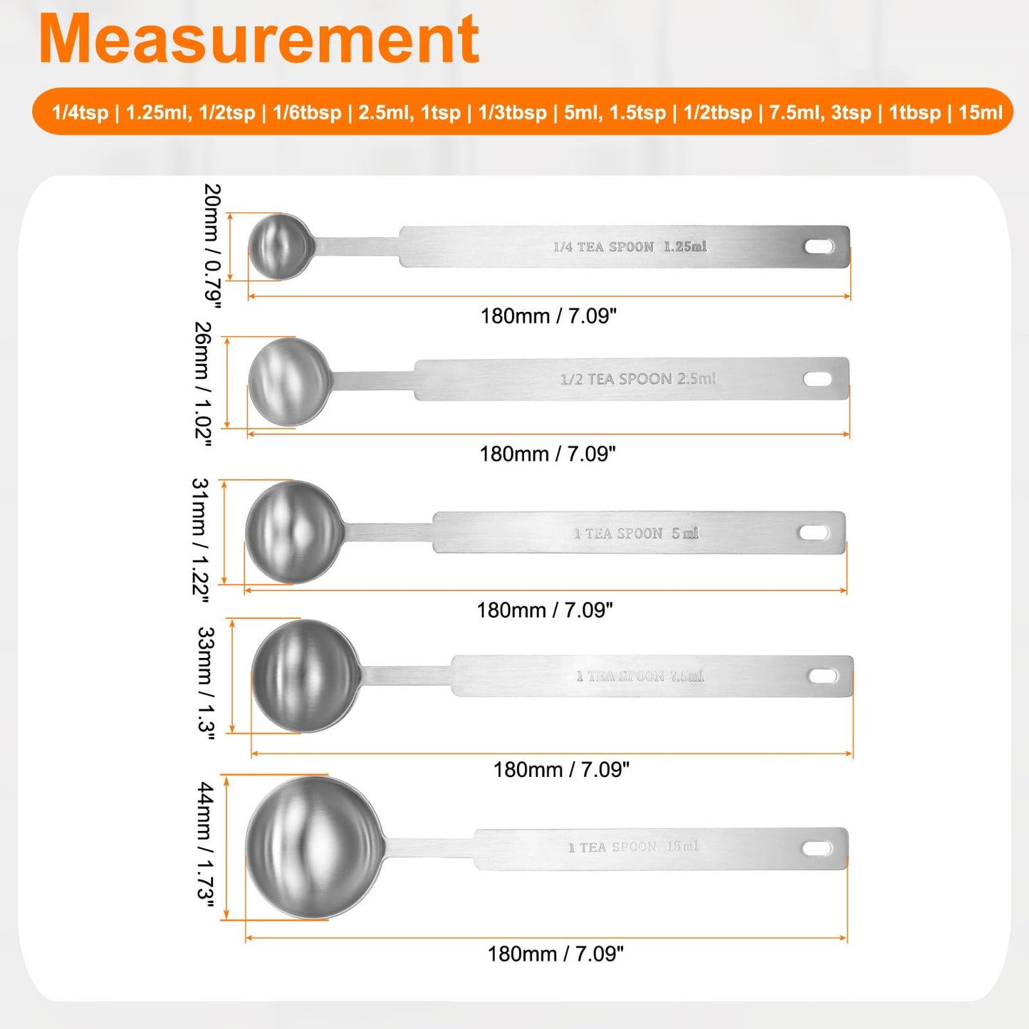 HARFINGTON 5pcs Single Measuring Spoon Set 1/4 1/2 1 1.5 3tsp (1.25/2.5/5/7.5/15ml) Teaspoon/Tablespoon 430 Stainless Steel Single Tiny Square Bowl Measure Spoon Long Handle Measure Scoop