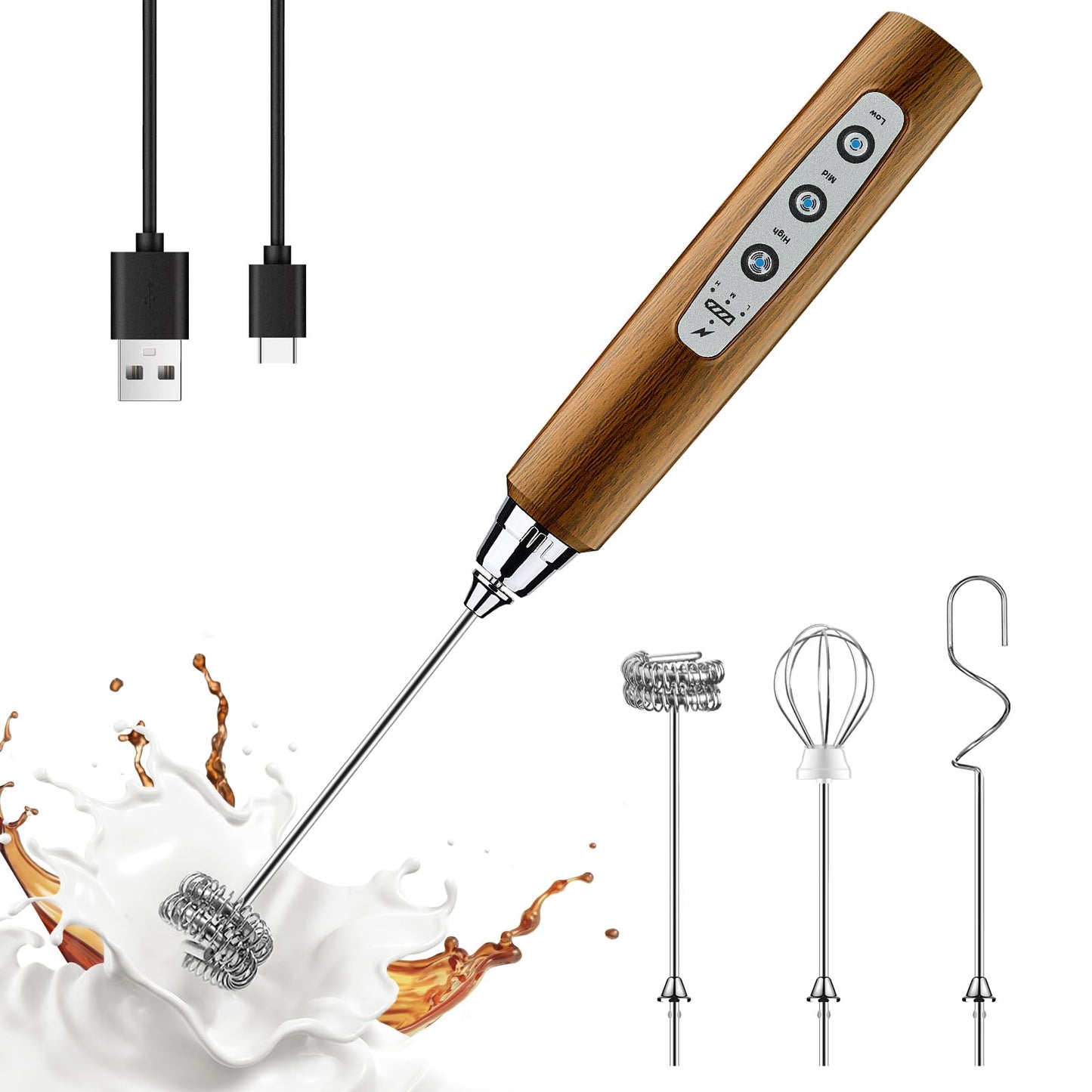YUSWKO Black Handheld Milk Frother Wand for Coffee, Rechargeable Electric Whisk with 3 Heads 3 Speeds Drink Mixer Coffee Frother For Latte, Cappuccino, Hot Chocolate, Egg