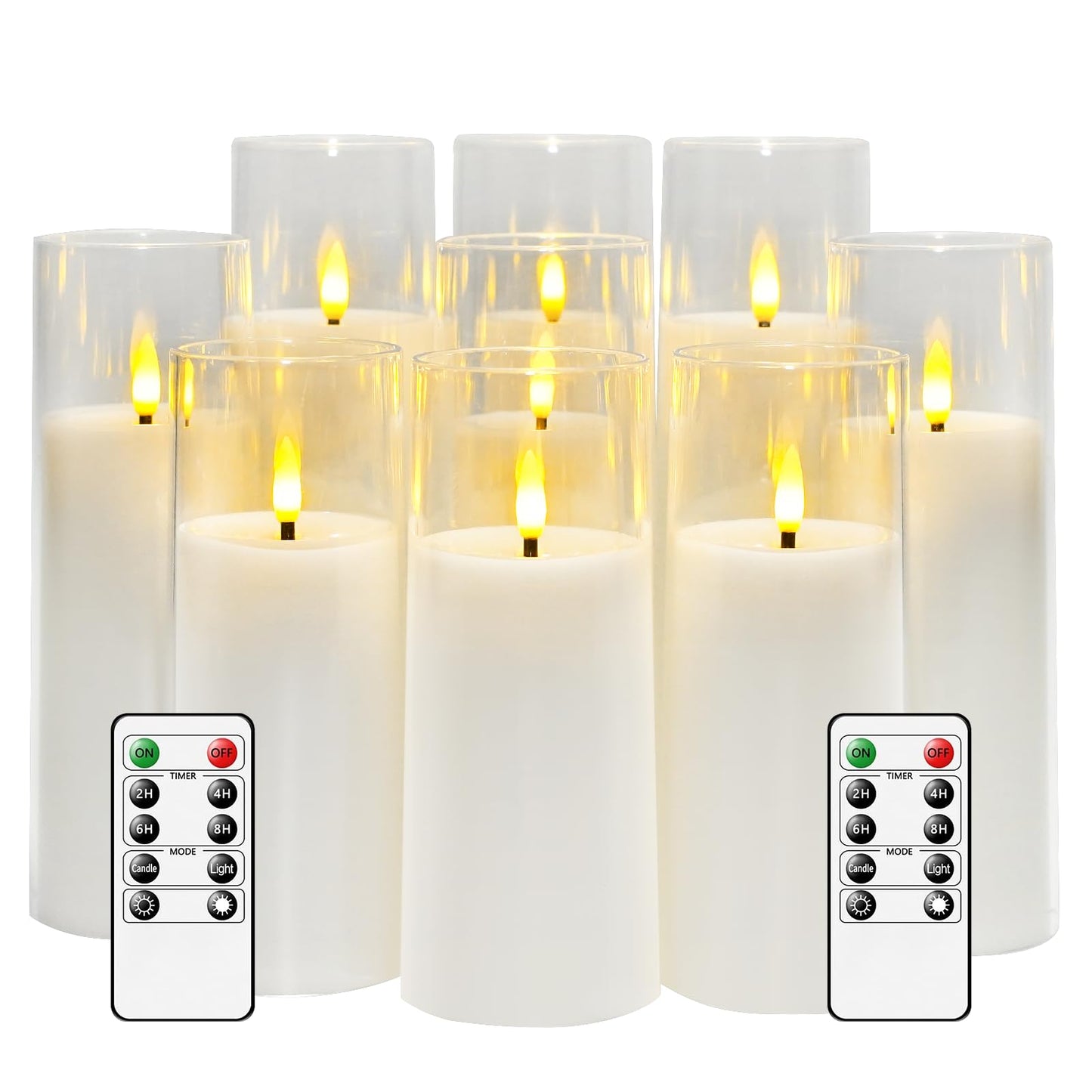 kakoya Flickering Flameless Candles Battery Operated with Remote and 2/4/6/8 H Timer Plexiglass Led Pillar Candles Pack of 9 (D2.3"xH 6"7"8")with Realistic Moving Wick Candles for Home Decor(White)