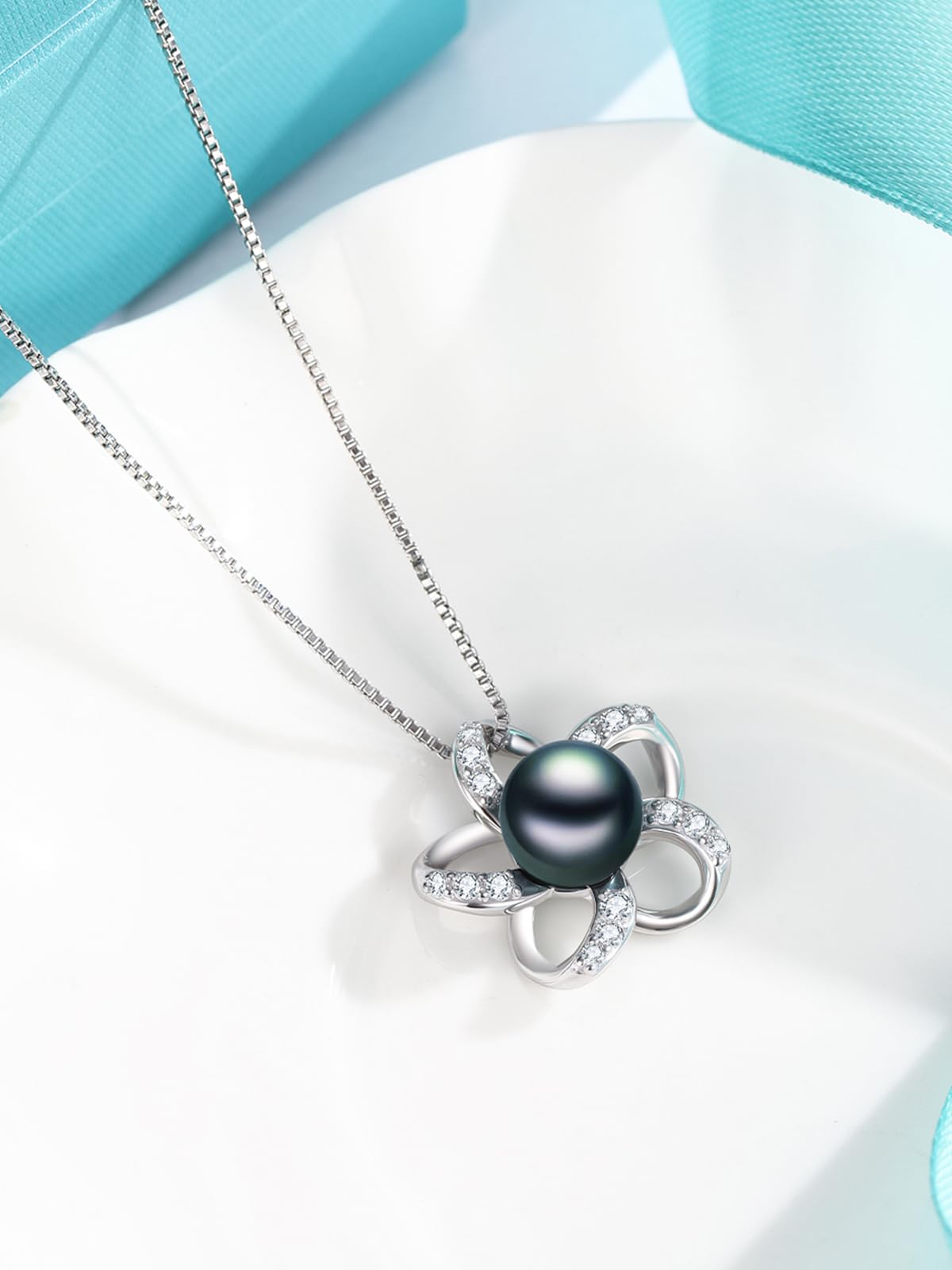 KANNSOAR Tahitian Black Pearl Necklace for Women 18K White Gold Plated Sterling Silver Pentagram Pendant Necklace Tahitian Black Pearl Gifts for Wedding Anniversary Graduation Birthday