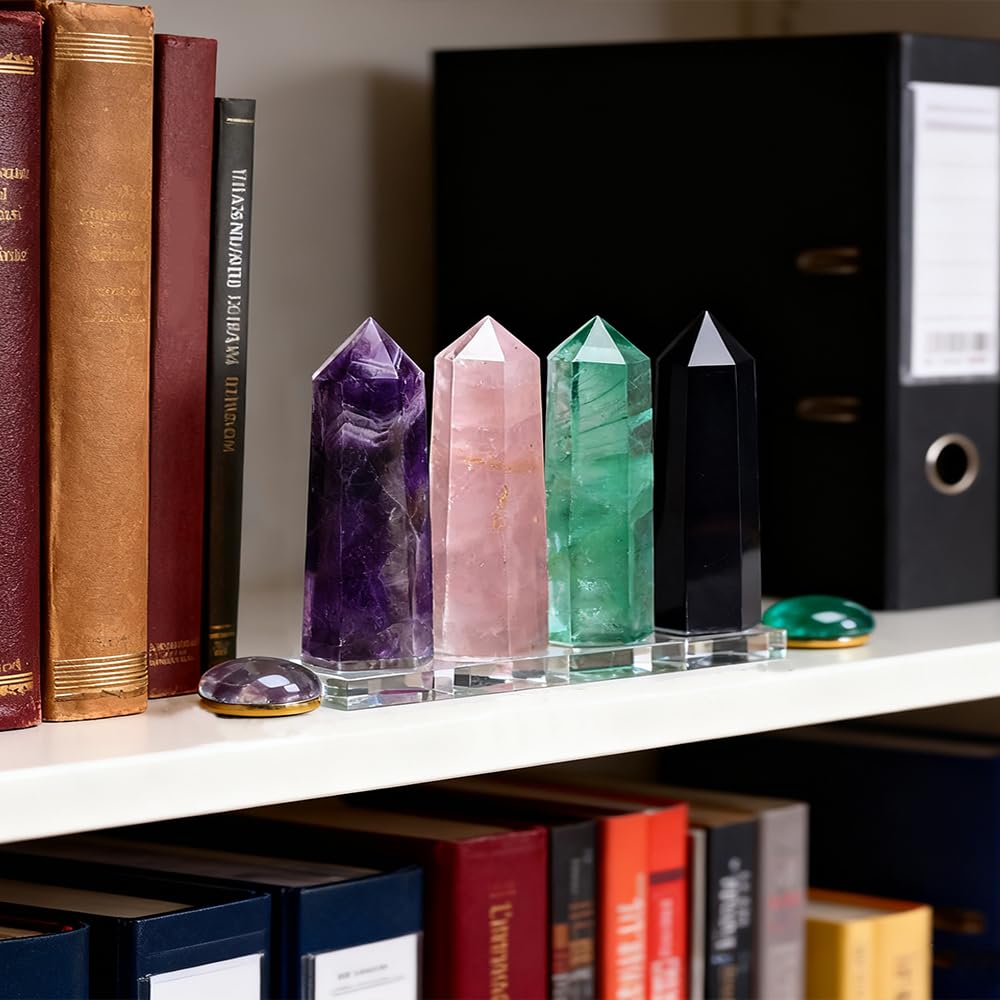 4PCS 1.96-2.75" Natural Crystals Tower Figurine Ornaments Polishing Rose Quartz Amethyst Stone Hexagonal Point Wand Obelisk Statue for Aquarium Decorative Rocks Gifts Home Decor(1.96-2.75inch 4pcs)