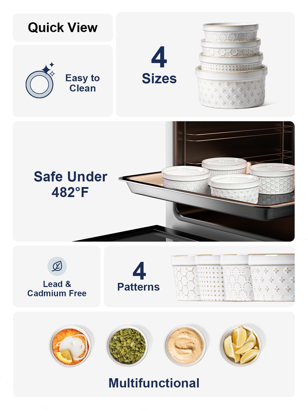 LE TAUCI Ramekins 8 oz, Ramiken for Creme Brulee, Lava Cake, Pudding, Souffle, Pot Pie, Ceramic Baking Dishes, Oven Safe - 4.3 inch, Set of 4, Arctic White