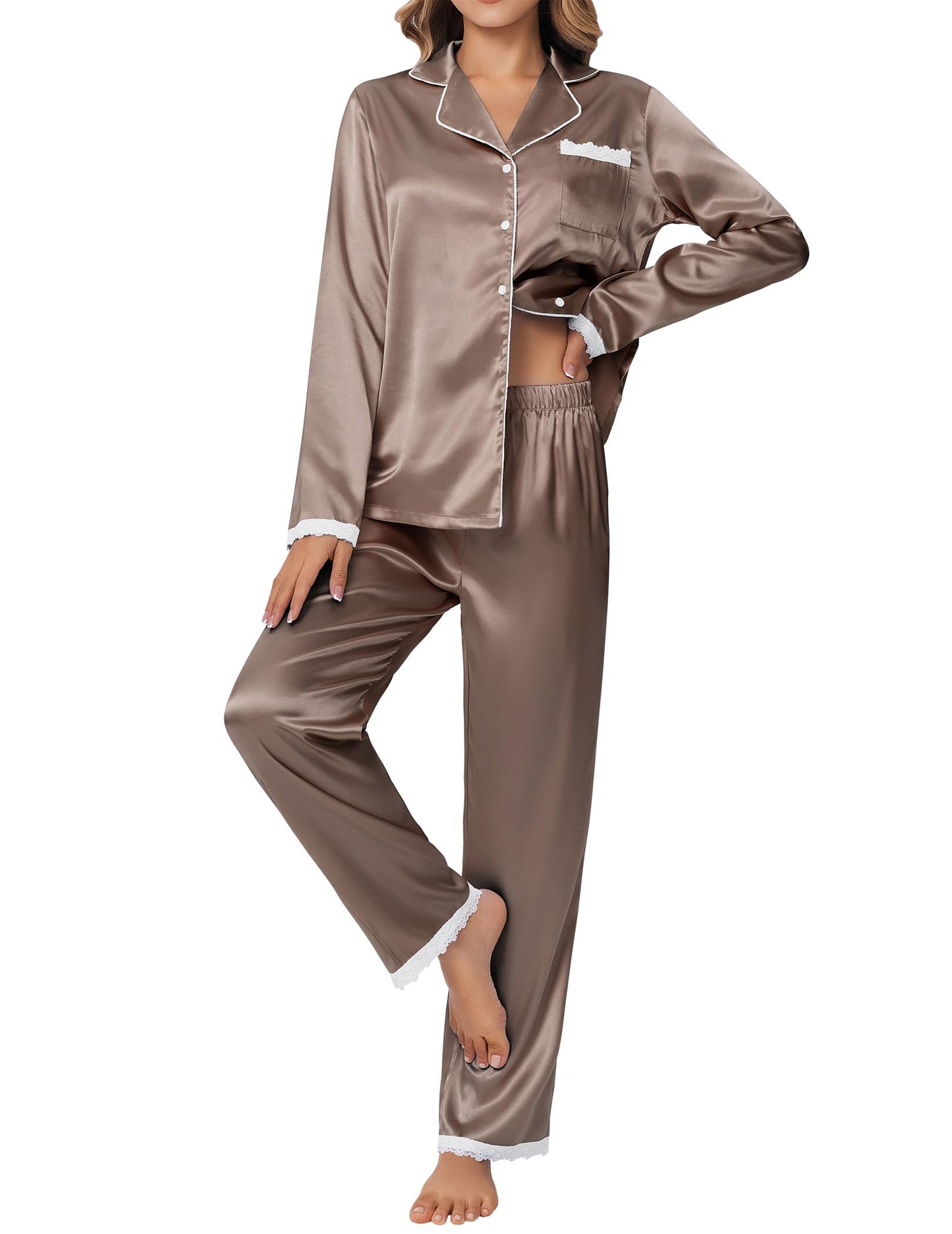 Ekouaer Satin Pajamas for Women Silk Long Sleeve Sleepwear Button Down Loungewear 2 Pieces Lace Soft Pjs Set