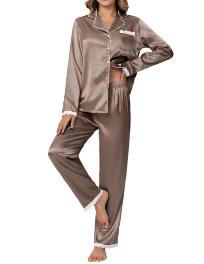 Ekouaer Satin Pajamas for Women Silk Long Sleeve Sleepwear Button Down Loungewear 2 Pieces Lace Soft Pjs Set