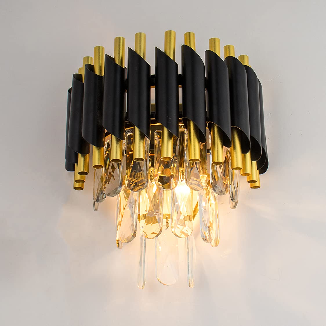 FRIXCHUR Modern Crystal Wall Sconce Lighting Black Crystal Wall Light Fixture Bedside Light 3 Tiers Crystal Wall Lamp for Bedroom Bathroom Dinning Living Room Hallway 2X E12 Base