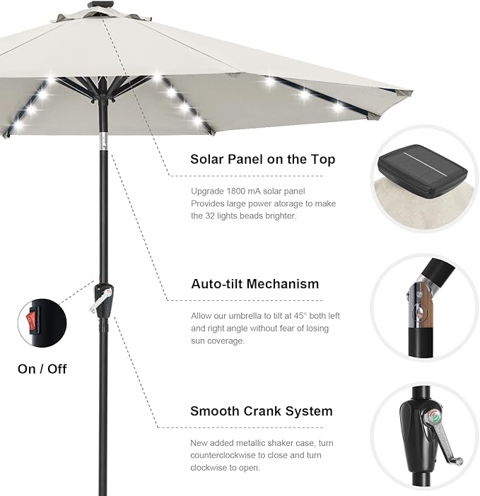 ABCCANOPY Durable Solar Led Patio Umbrellas with 32LED Lights 9FT (Light Beige)