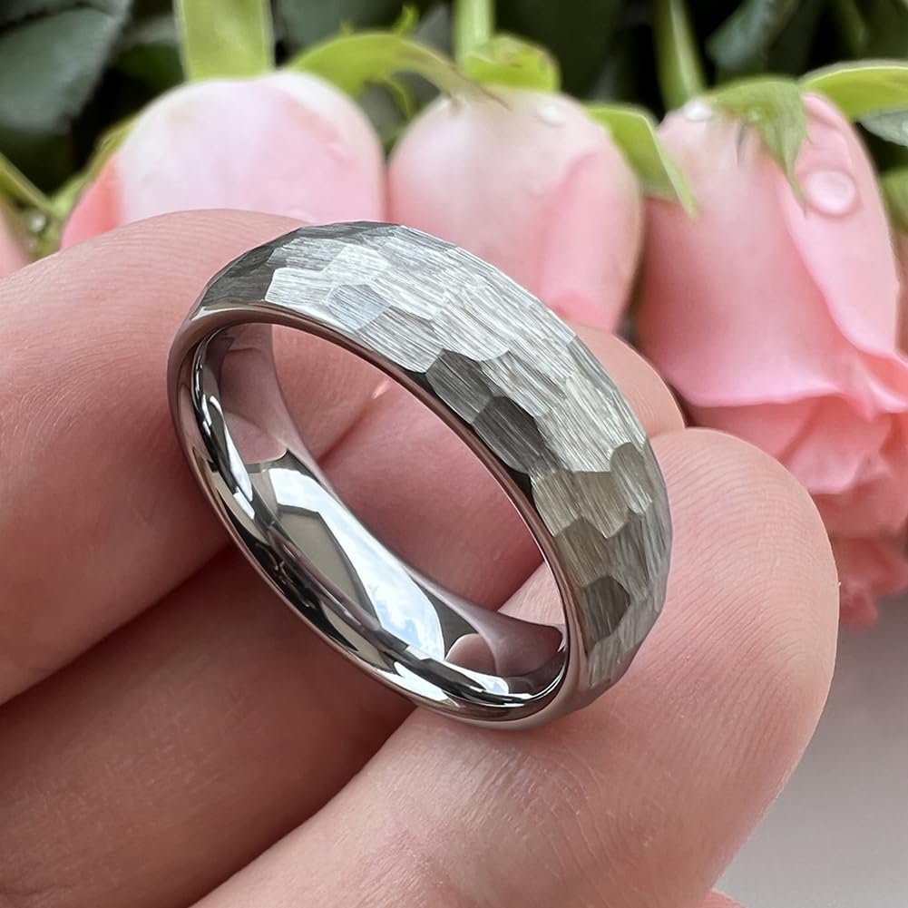 TUTISS 6mm Hammered Tungsten Carbide Rings for Men Women Engagement Wedding Bands Domed I Love You Engraved Comfort Fit Size 5