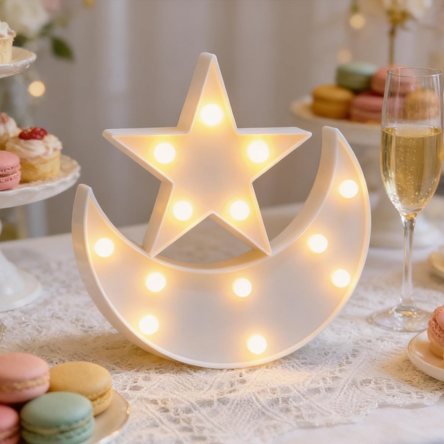 QiaoFei Decorative Moon-Star Night Light,Cute LED Nursery Night Lamp Gift-Marquee Moon-Star Sign for Birthday Party,Baby Shower,Kids Room, Living Room Decor(White)