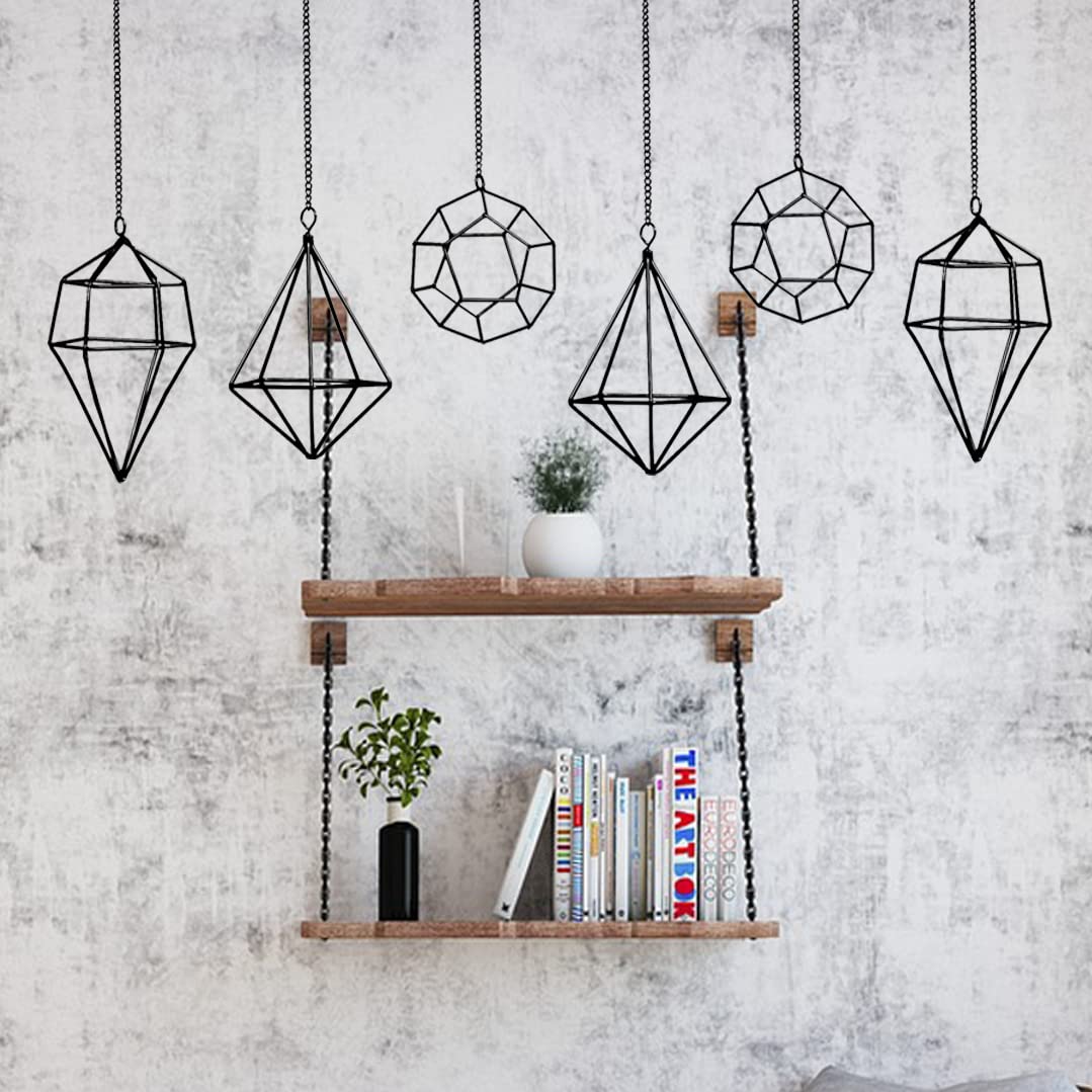 libproqia Iron Air Plant Holder, 6PCS Geometric Tillandsia Stand - Wall Mounted Hanging Planter for Home Office Decor, Black Metal Himmeli Craft for Air Ferns, Small Airplants Display