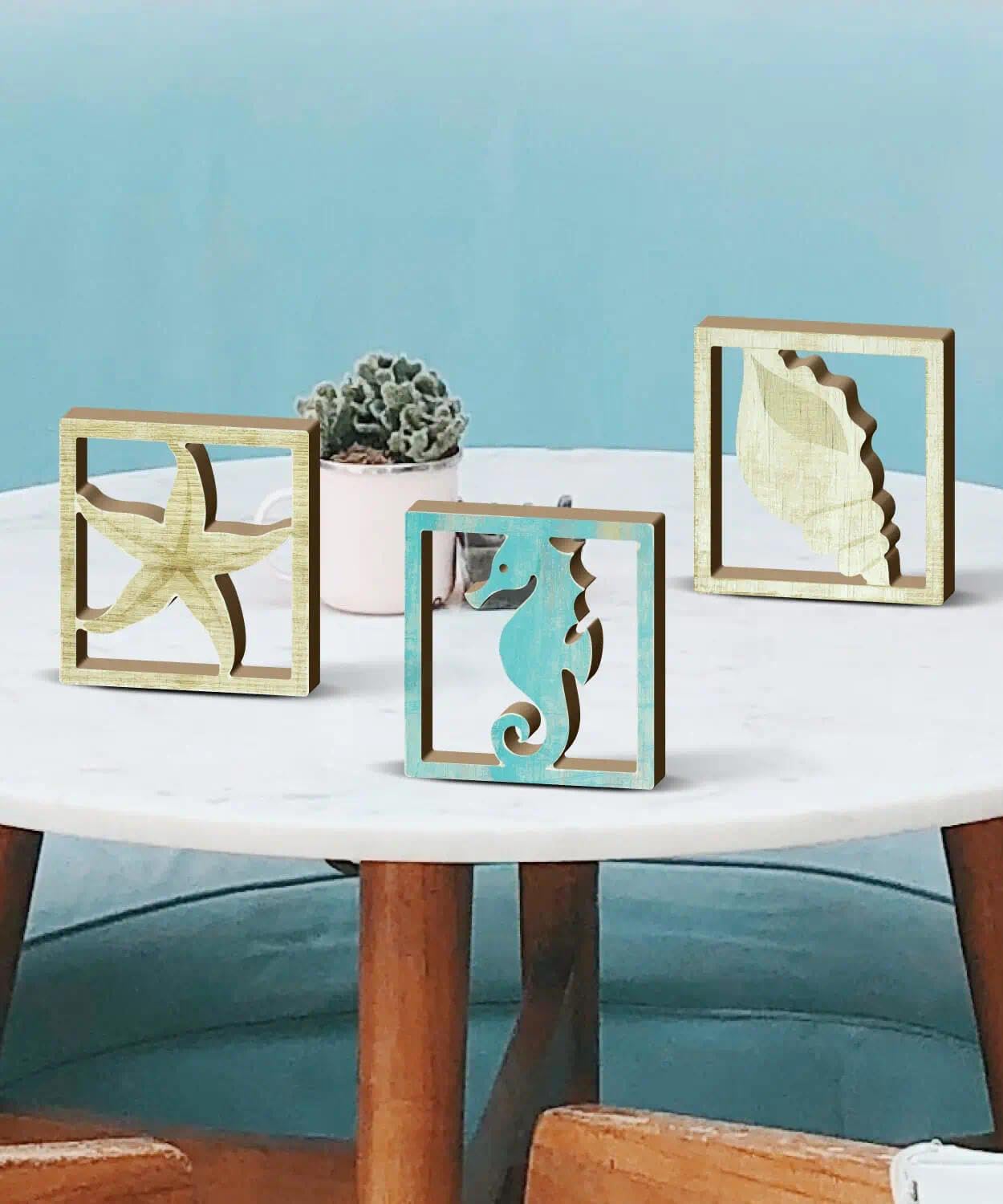 Putuo Decor Coastal Decor, Ocean Themed Tabletop Decor Set of 3, Seashore Seahorse Starfish and Shell MDF Desk Accents for Living Room, Bedroom, Office, Beach House
