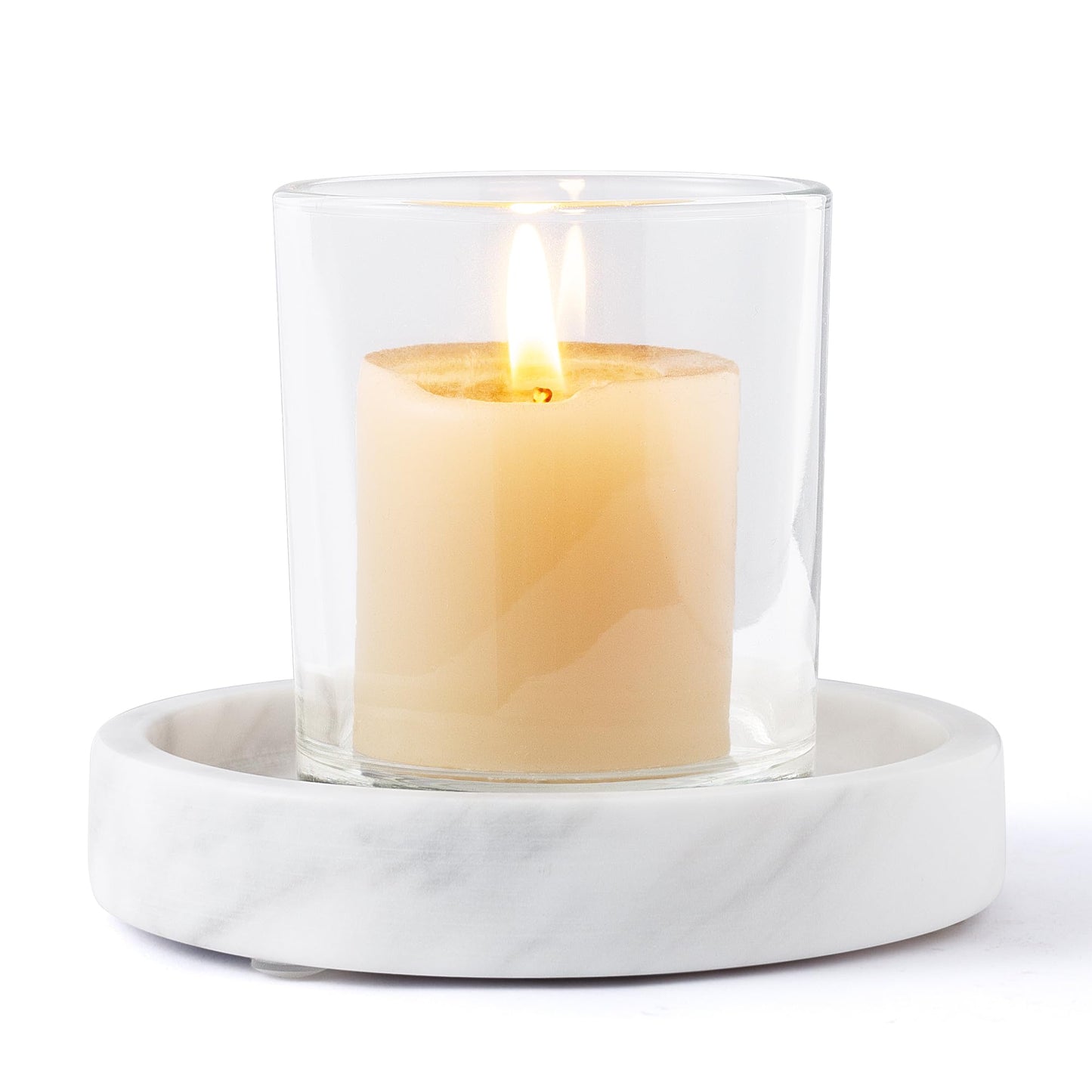 WORHE Candle Holders Italy Premium Natural Marble Candlestick Holder for Jar Pillar Candles Large Round Coaster Plate Jewelry Tray Centerpiece for Wedding Dining Table Home Decor White (ZT011)