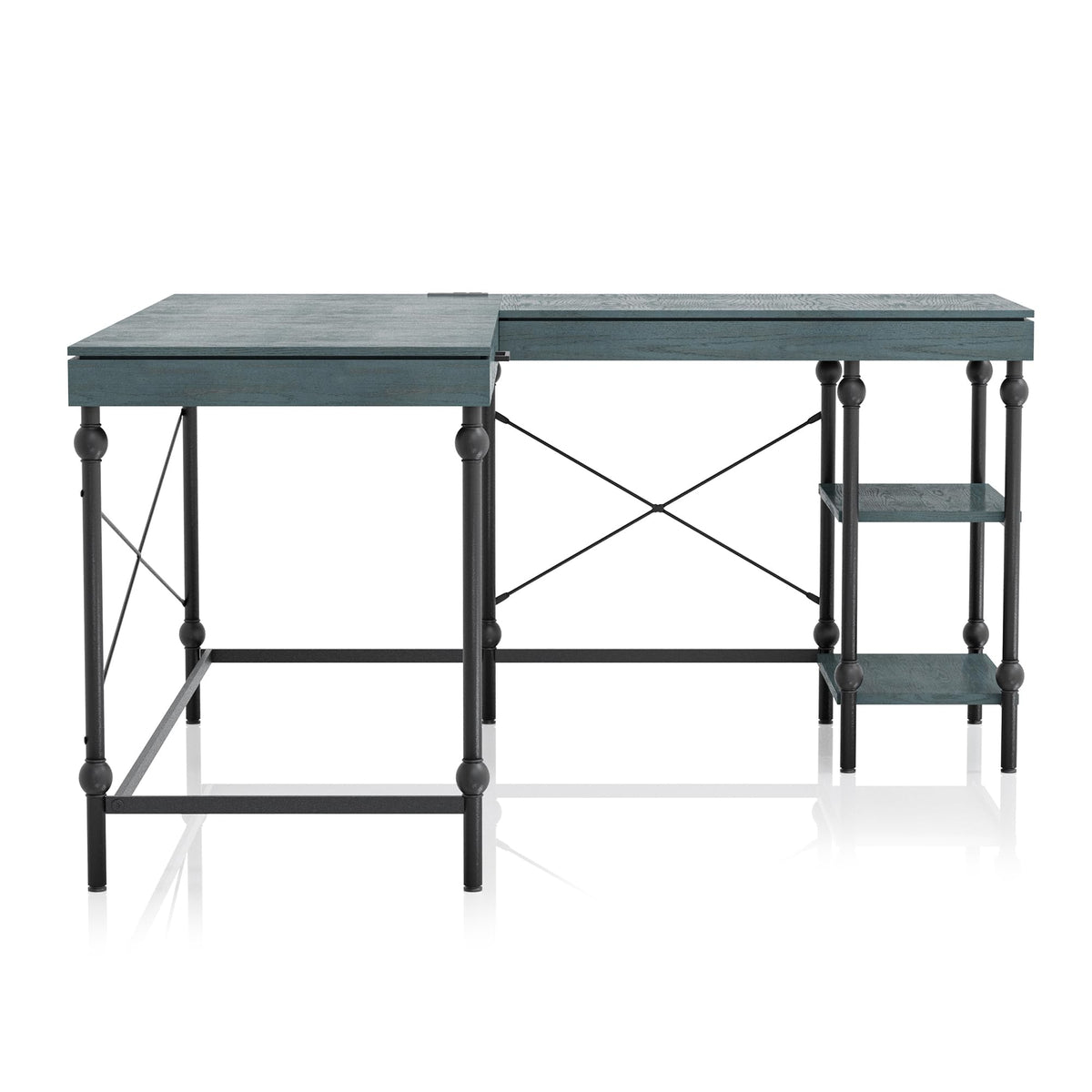 24/7 Shop at Home Monier Farmhouse Metal 2 Shelves Corner Computer Desk with USB Port, Power Outlet, 1 Drawer for Workstation, Home Office, Study Room, Antique Blue