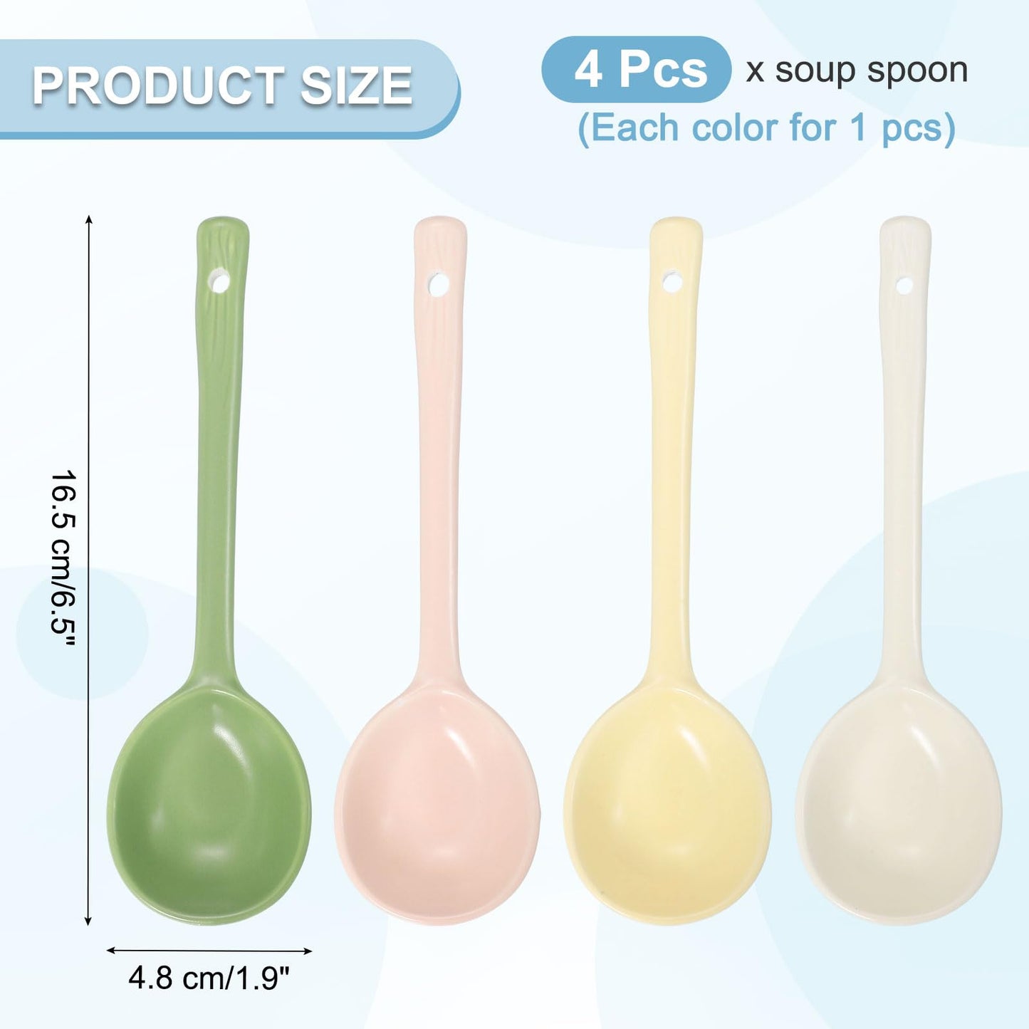 uxcell 1 Set Ceramic Soup Spoons, Long Handle Dinner Serving Spoon for Soup, Noodles, Dumplings Yellow/Green/White/Pink