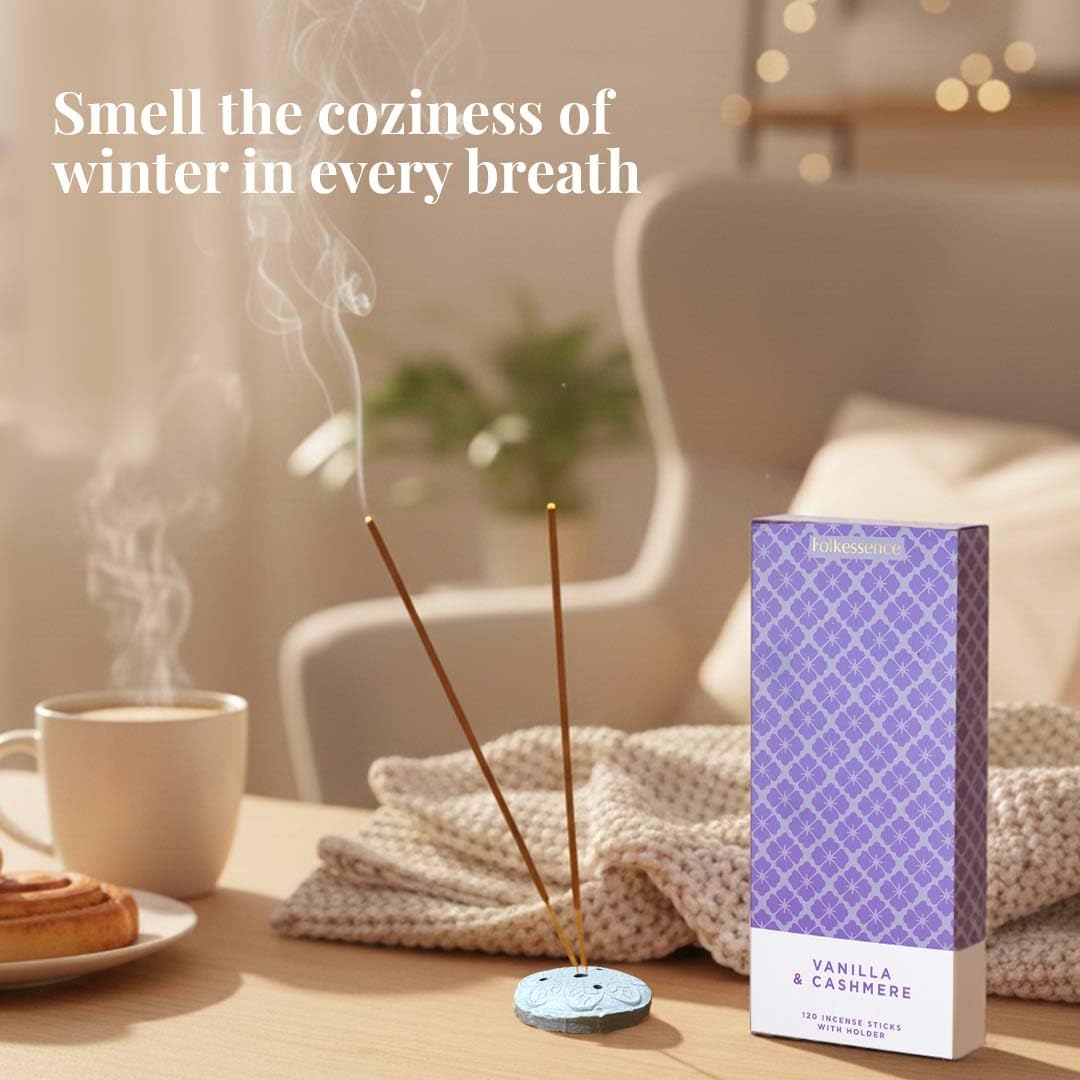 Folkulture Incense Sticks with Holder (120 Sticks)| Vanilla & Cashmere Cozy Insence-sticks For Aromatherapy, Home Fragrance |No Charcoal,Organic,Non Toxic, 45 Mins, Long Burning Luxury Inscents-sticks