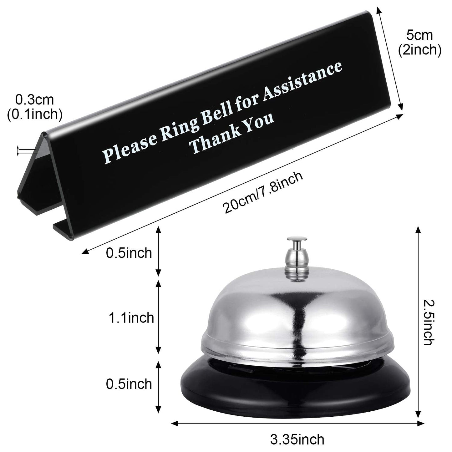 Boao Desk Service Dinner Bell Metal Silver Call Bell and Double Side No Receptionist Sign Please Ring Sign for Service Assistance for Hotel School Restaurant Reception Area(Sliver Bell)