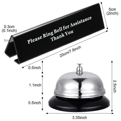 Boao Desk Service Dinner Bell Metal Silver Call Bell and Double Side No Receptionist Sign Please Ring Sign for Service Assistance for Hotel School Restaurant Reception Area(Sliver Bell)