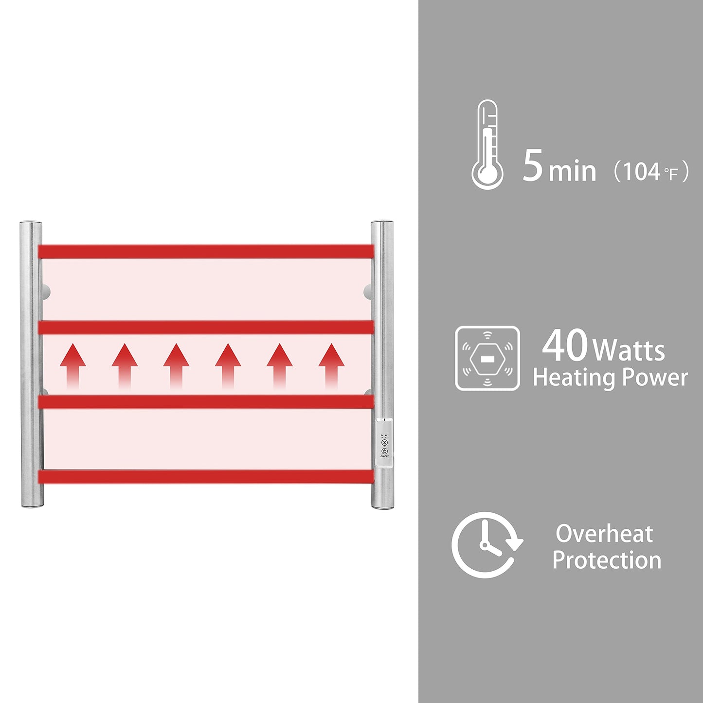 KEG Towel Warmer 8 Bars for Bathroom Freestanding or Wall Mounted Bath Towel Heater Plug-in with Built-in Timer Silver
