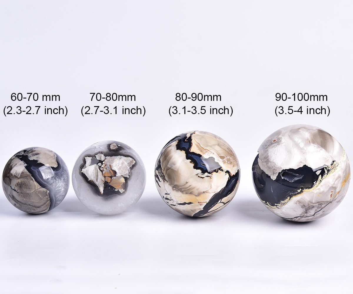 JIC Gem 3.1-3.5 inch(80-90mm) Large Volcanic Agate Crystal Sphere Quartz Crystal Ball with Stand Healing Ornament Witchcraft Meditation Decor