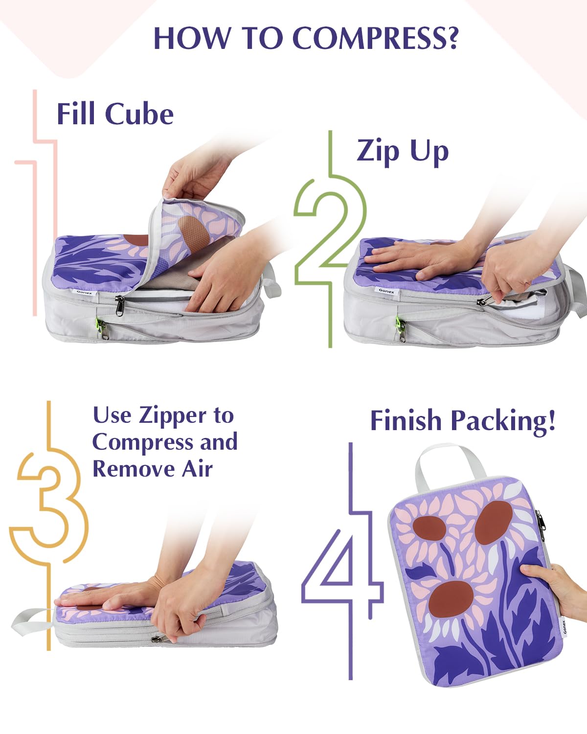 Gonex Compression Packing Cubes, 4pcs Expandable Storage Travel Luggage Bags Organizers, Travel Cubes for Suitcase Carry On (Flowers)