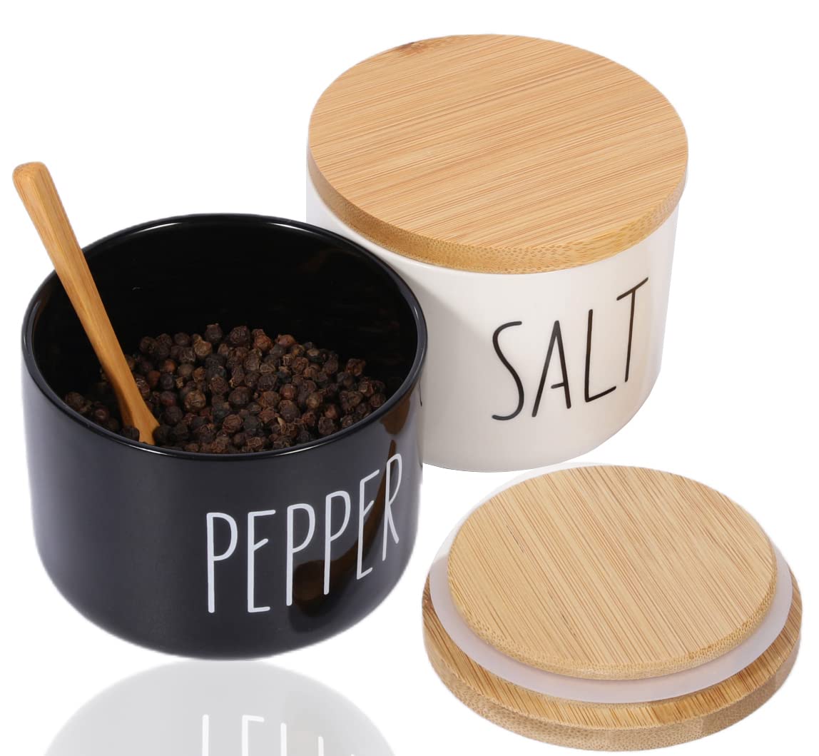 VICUKIE Farmhouse Salt And Pepper Bowls,Stacked Ceramic Salt Cellar With Bamboo Lid, Salt Container With Lid Spoon, Modern Farmhouse Kitchen Decor, Spice Box（Darker Black & White）