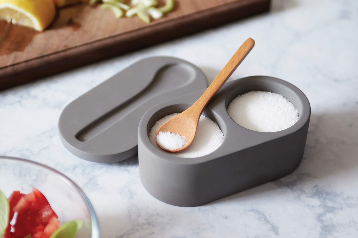 Fox Run Cement Double Salt Cellar with Spoon, 3 x 3.5 x 6.25 inches, Gray
