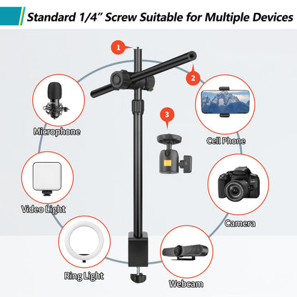 Overhead Camera Mount Desk Stand, Camera Arm Desk Mount Clamp Stand with 360°Adjustable Magic Arm, Webcam Arm Mount Stand w Ballhead Phone Mount for Desk Logitech Microphone Video Light Cell Phone