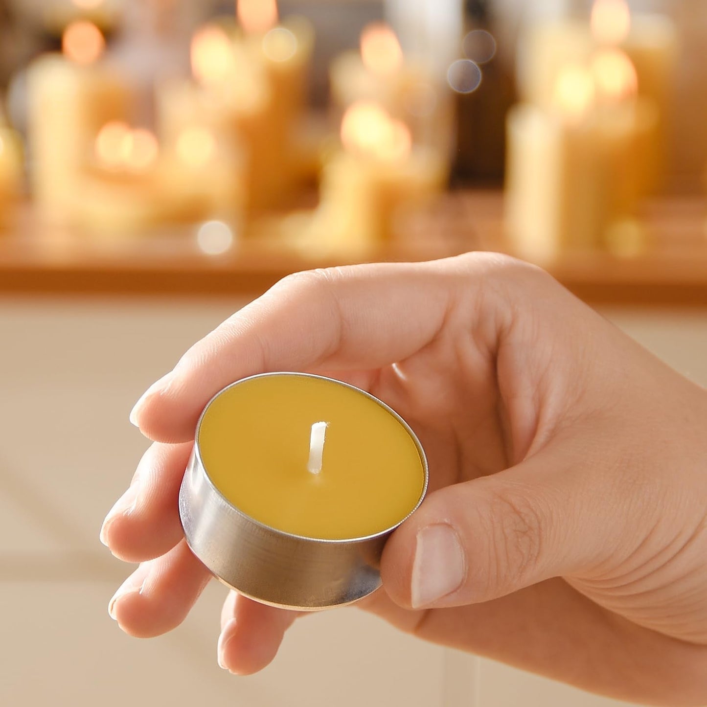 50-Pack Handmade Pure Beeswax Tealight Candles, Aluminum Cups, 4-5H Burn
