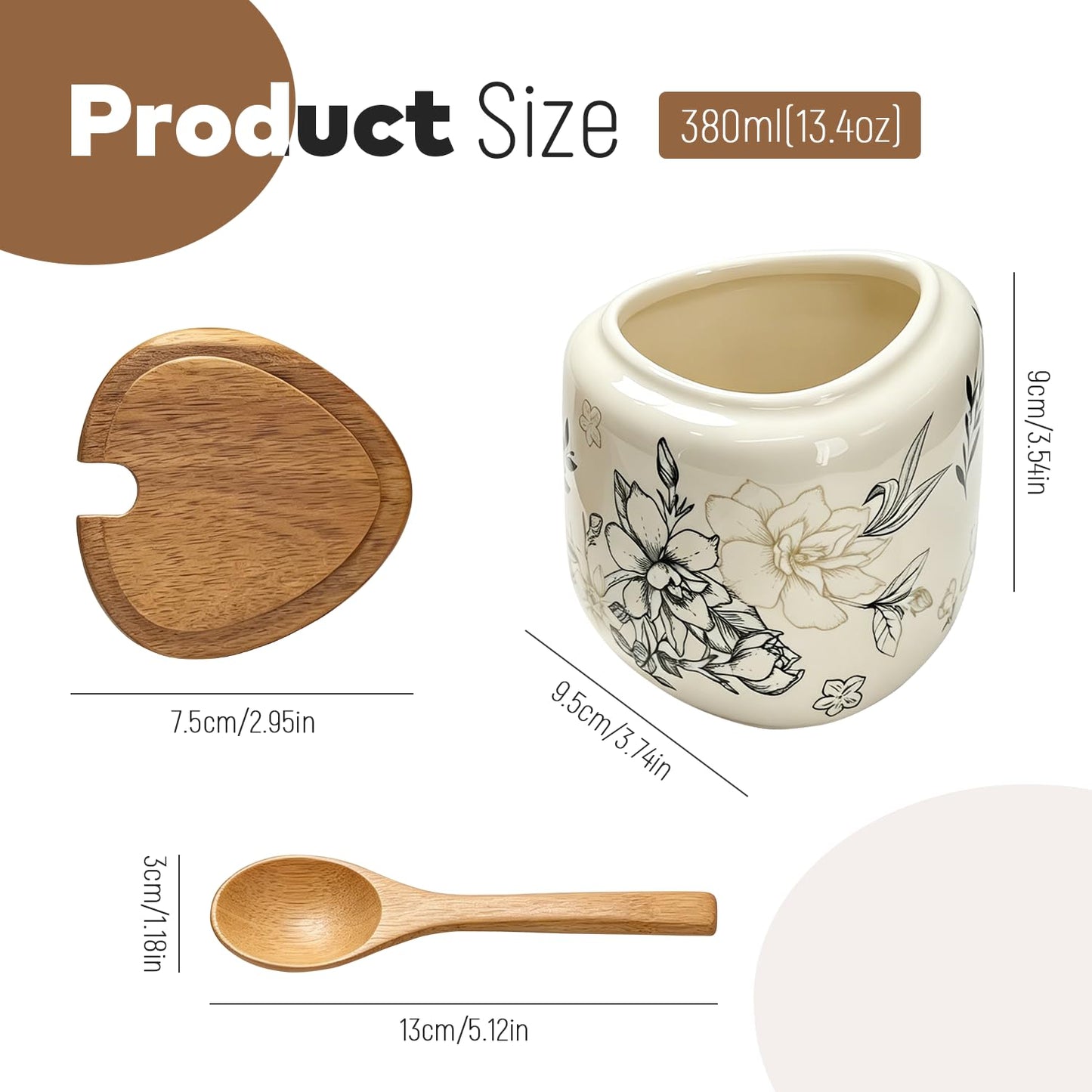 Salt Cellar 13.4 oz, Chinese Classical Vine Pattern Porcelain Salt Container with Wooden Lid & Bamboo Spoon, Ceramic Seasoning Bowl for Pepper & Spices, Kitchen Countertop Salt Holder (Triangular)