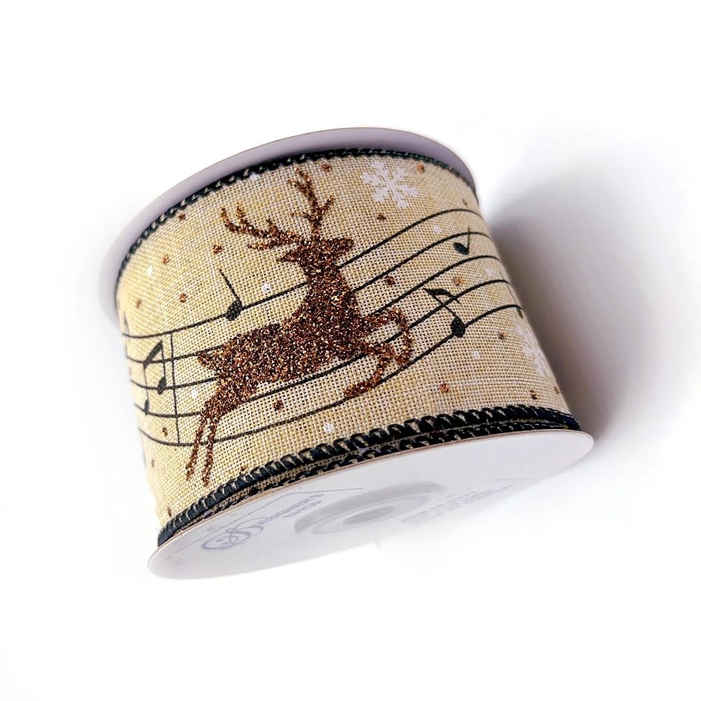 Designer's Shop Christmas Musical Glitter Reindeer Burlap Ribbon