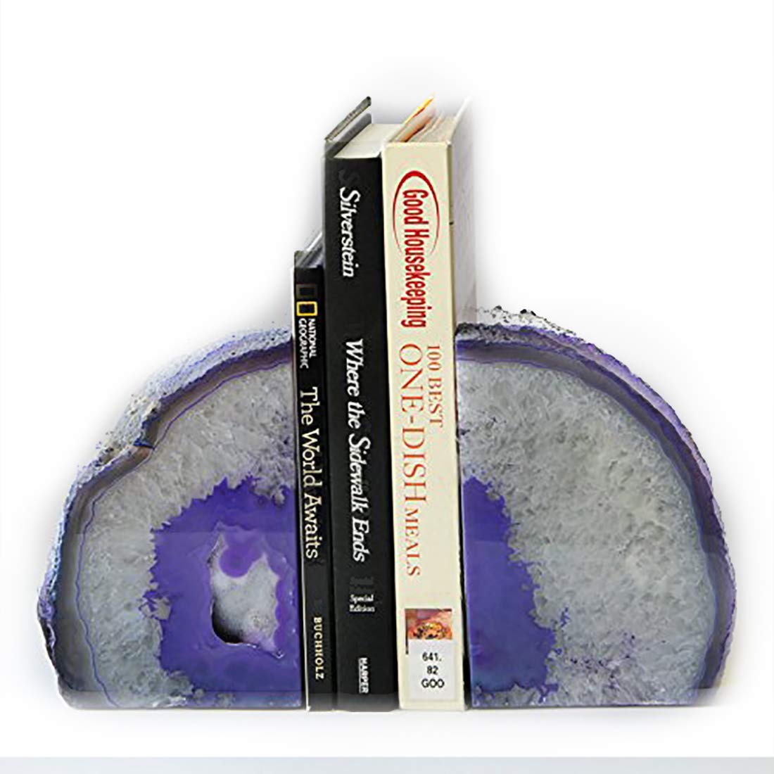 JIC Gem Dyed Purple Natural Agate Bookends Polished Stone Book Ends Crystal Geode Bookends for Shelves to Hold Books with Rubber Bumpers(1 Pair, 3-4 LBS)
