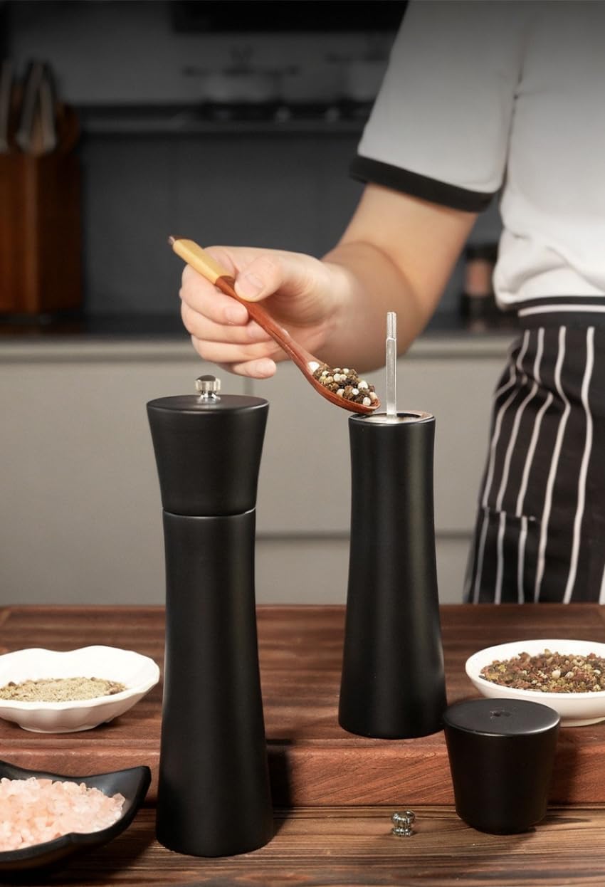 Black Salt and Pepper Mill Set with Stand, 8.5 inch, Matte Black Grinders, Adjustable Ceramic Mechanism
