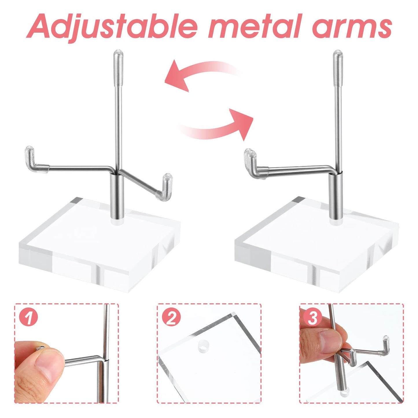 MBAIYO 16Pcs Adjustable Metal Arm Display Stand with Acrylic Base Display,Easel Holder for Rock Mineral Agate Fossil Coral Crystal Geodes Picture Decorative(Silver,1.96x1.96x3.22In)