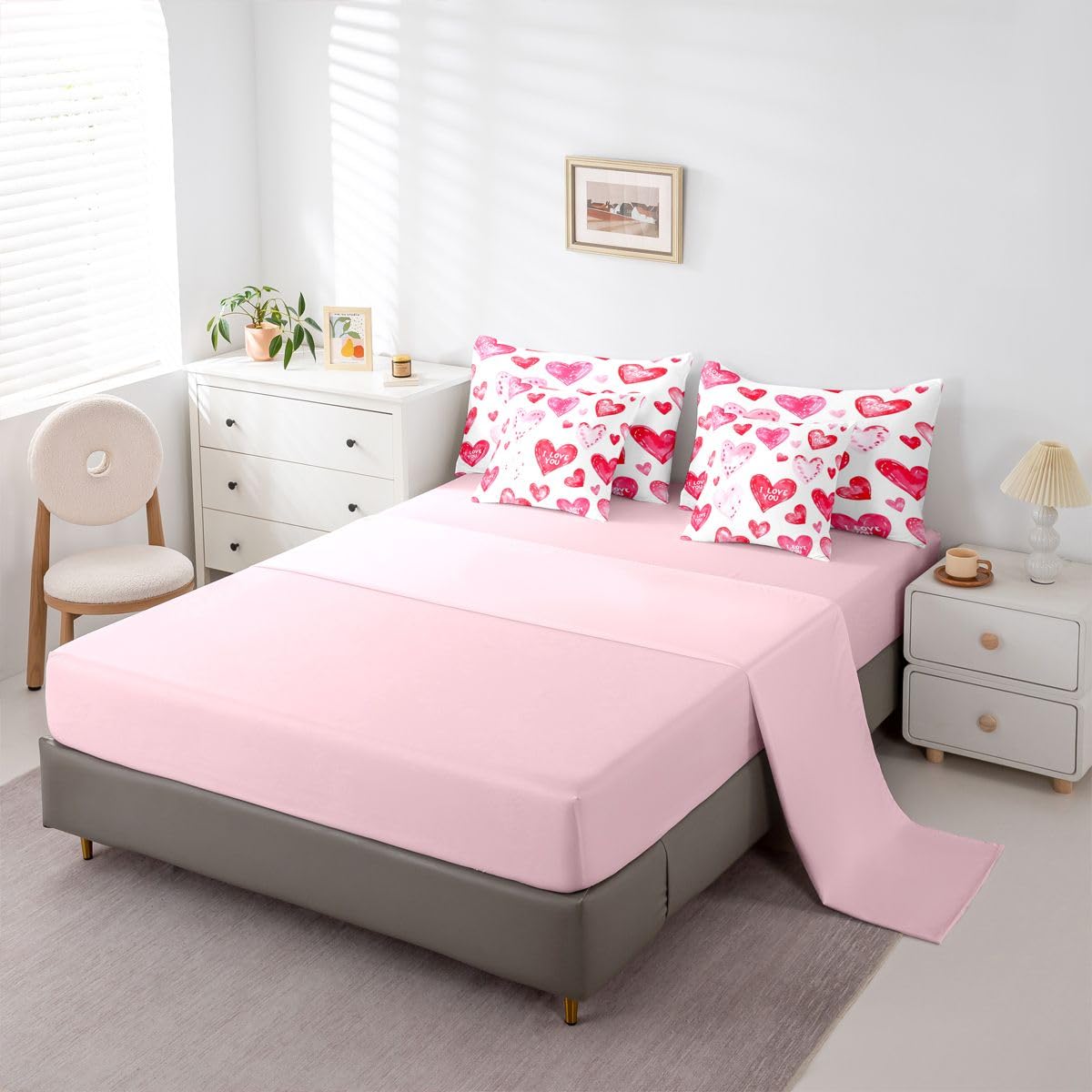 Erosebridal Princess Pink Love Comforter Sets with Sheets - Cute Heart Printed Bedding Set Full for Boys Girls Valentines Day Themed 7Pcs Bed in A Bag Romance Gifts Bed Set