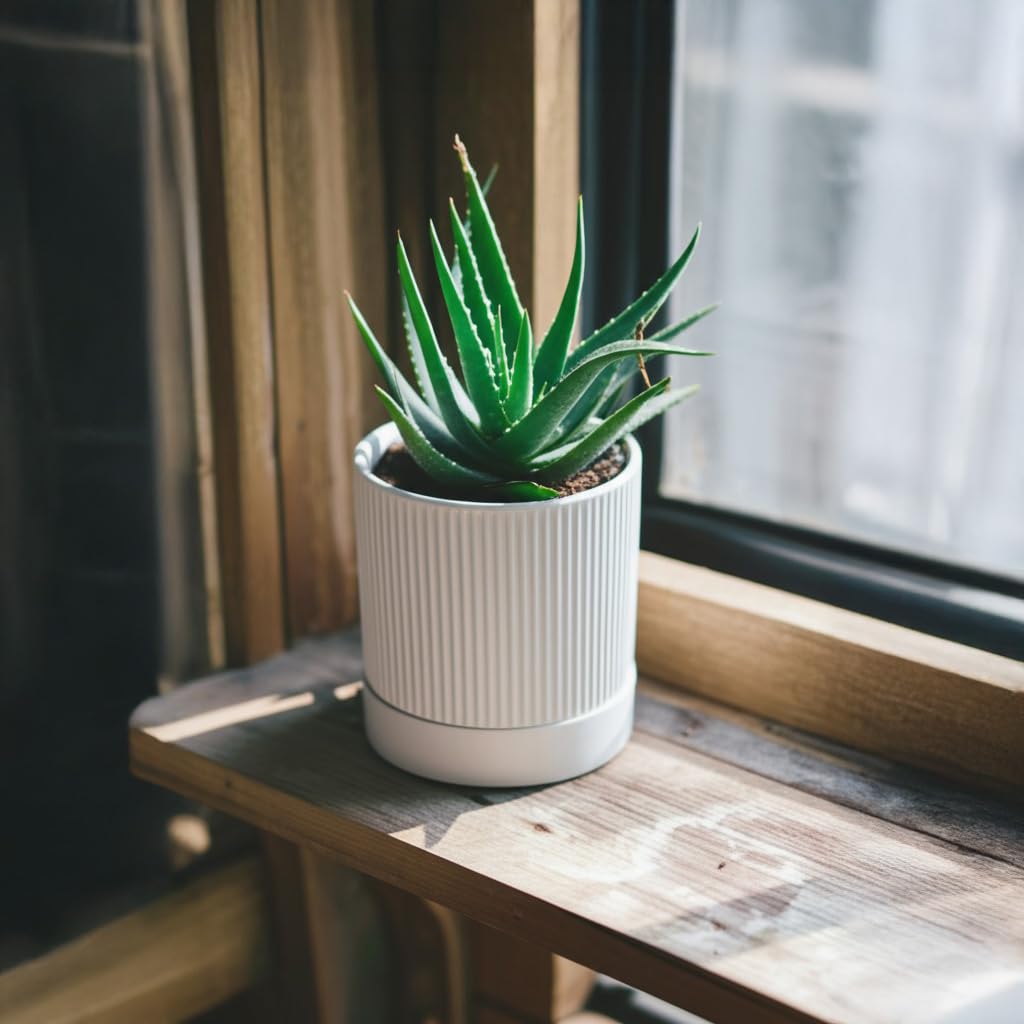 HERDUK Small Plant Pots, 4 Inch Pots for Indoor Plants, Modern Minimalist Ceramic Plant Pots with Drainage Hole & Saucer, White Set of 2