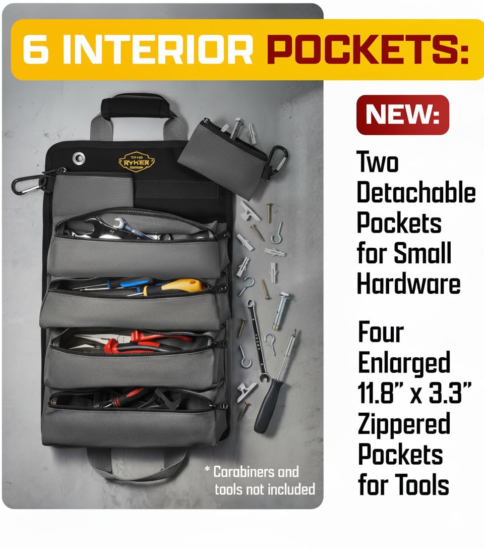 The Ryker Bag Black Roll Up Tool Bag Organizer – Heavy Duty Motorcycle Tool Roll with Detachable Pouches for Mechanics, Electricians, Plumbers & DIY Storage, Practical Gift for Dad (Black)