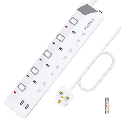 3M Extension Lead with USB Slots, 4 Way 2 USB Extension Socket with Individual Switches Mountable Power Strips with 3M Extension cable 3250W