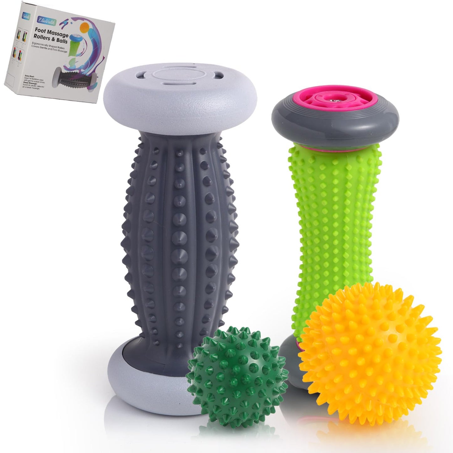 EliaValth Plantar Fasciitis Relief, Foot Roller & Massager for Plantar Fasciitis, Neuropathy & Reflexology - 2 Foot Massage Roller & Ball (Green, Large)